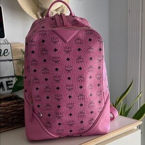 MCM Pink Logo-Print Leather Backpack